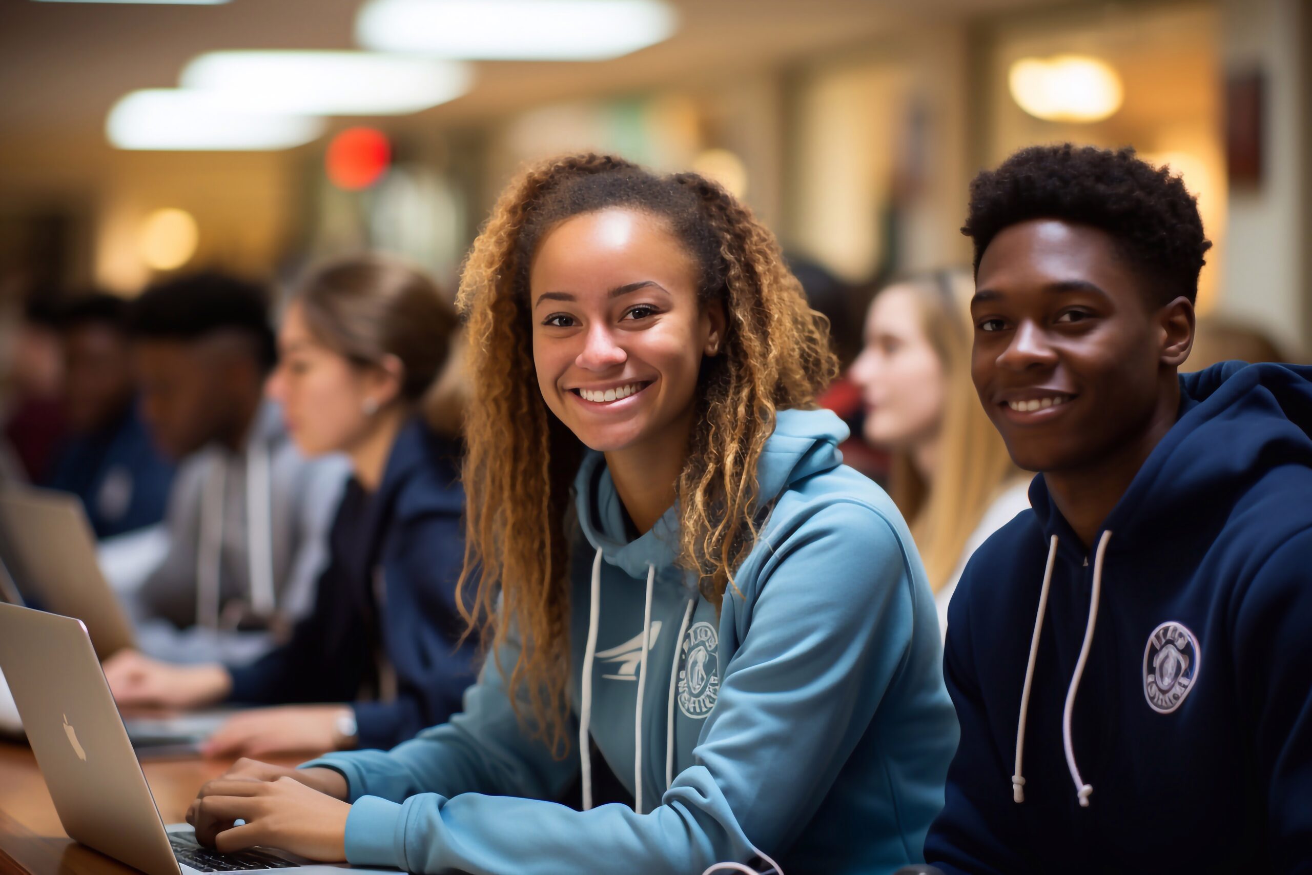 Study Buddies Girl Focused on Laptop Work Amidst Friends on School or College Campus Generative Ai